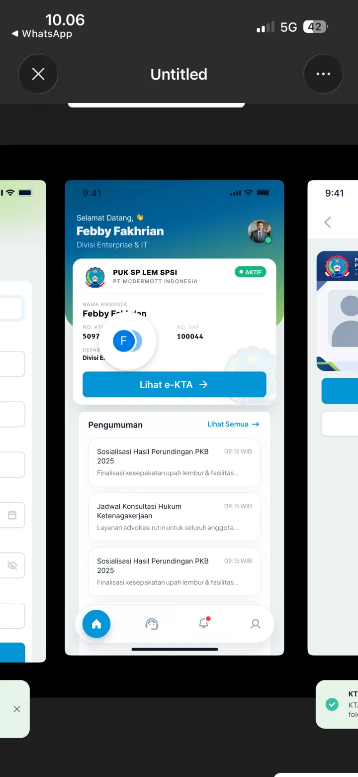 Tampilan layar beranda aplikasi E-KTA SPSI